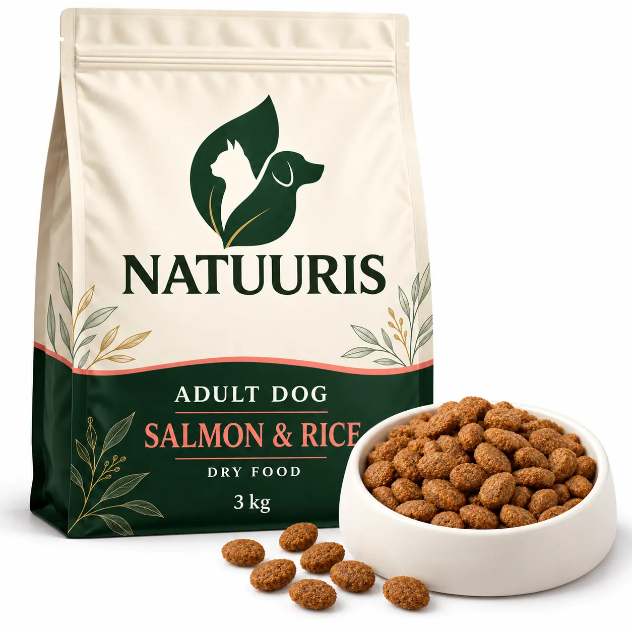NATUURIS Adult Dog — somon və düyülü quru yem, 3 kq — qida və qablaşdırma birlikdə