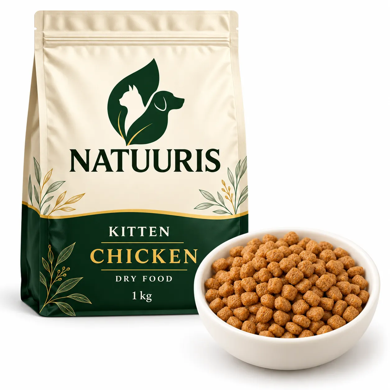NATUURIS Kitten — toyuqlu quru yem, 1 kq — qida və qablaşdırma birlikdə