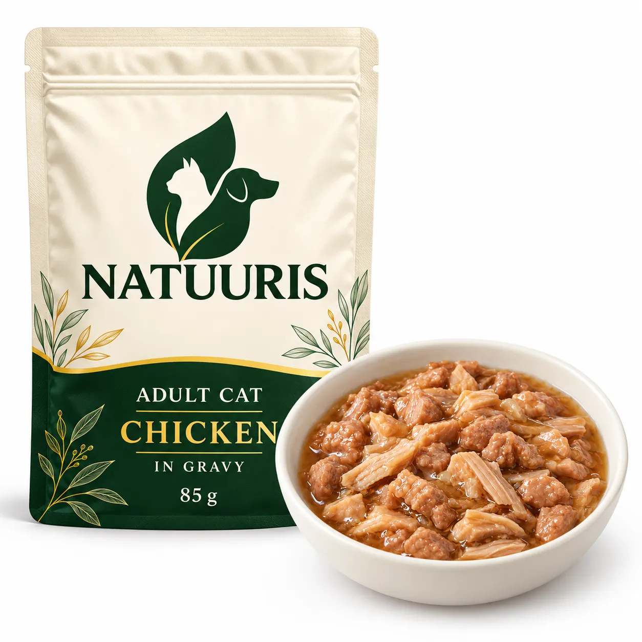 NATUURIS Cat — sousda toyuqlu tikələr, 85 q — qida və qablaşdırma birlikdə