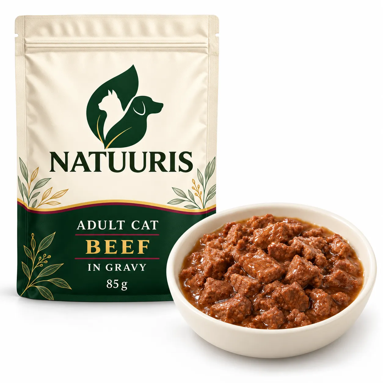 NATUURIS Cat — sousda mal ətli tikələr, 85 q — qida və qablaşdırma birlikdə