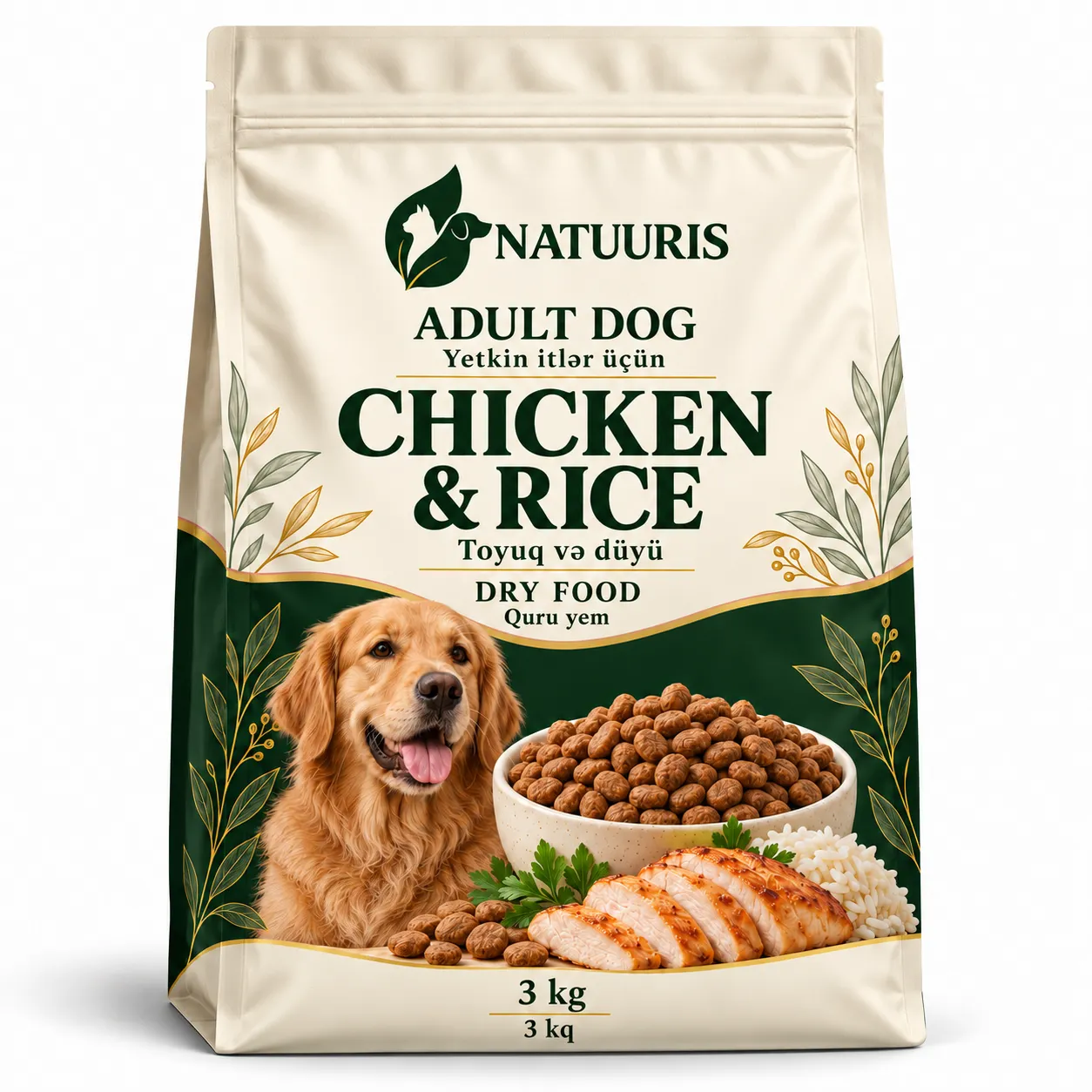 NATUURIS Adult Dog — toyuq və düyülü quru yem, 3 kq — qablaşdırma