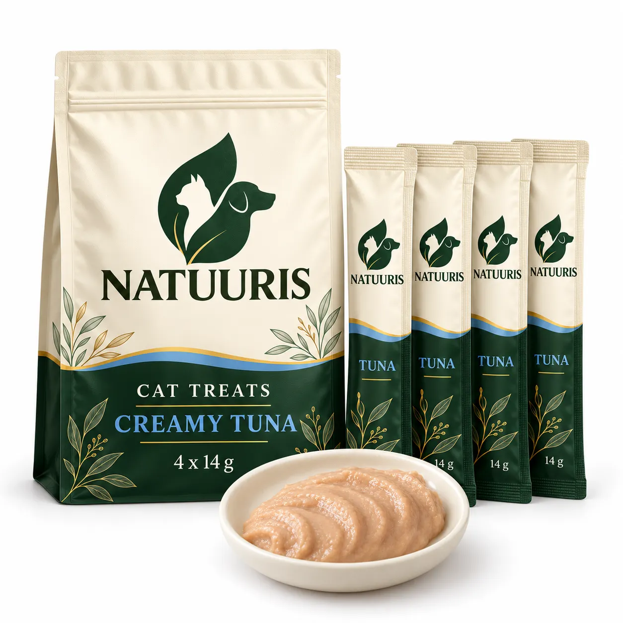 NATUURIS Cat — tuna balıqlı krem mükafat, 4 × 14 q — qida və qablaşdırma birlikdə