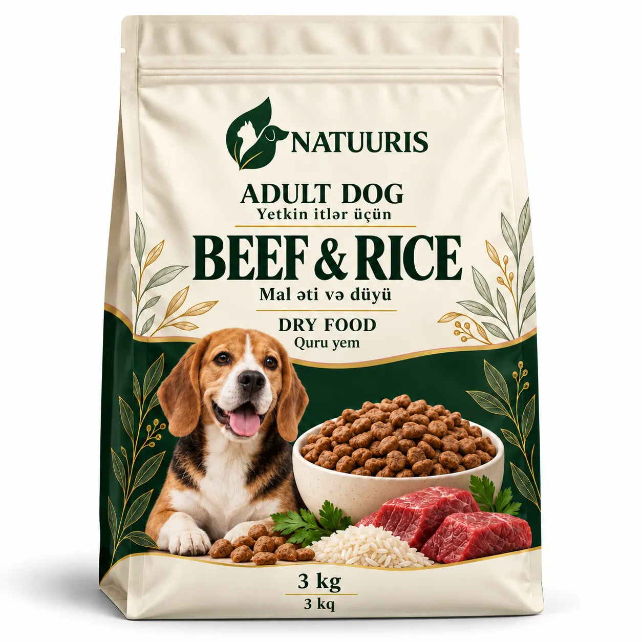 NATUURIS Adult Dog — mal əti və düyülü quru yem, 3 kq — qablaşdırma