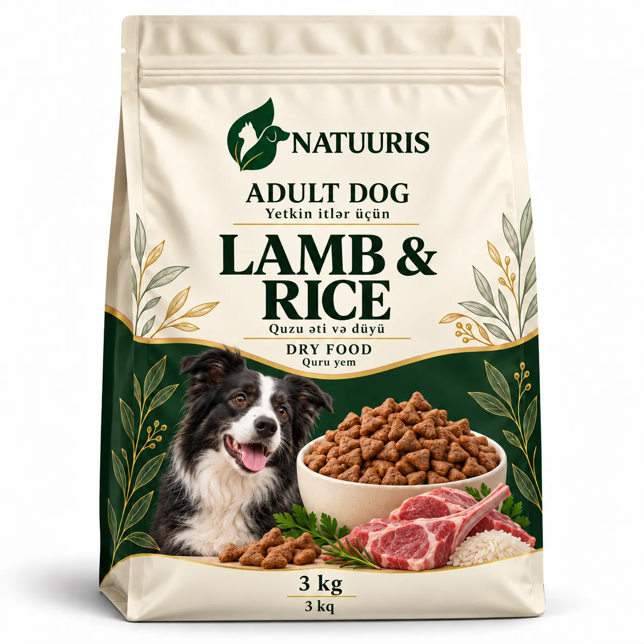 NATUURIS Adult Dog — quzu əti və düyülü quru yem, 3 kq — qablaşdırma