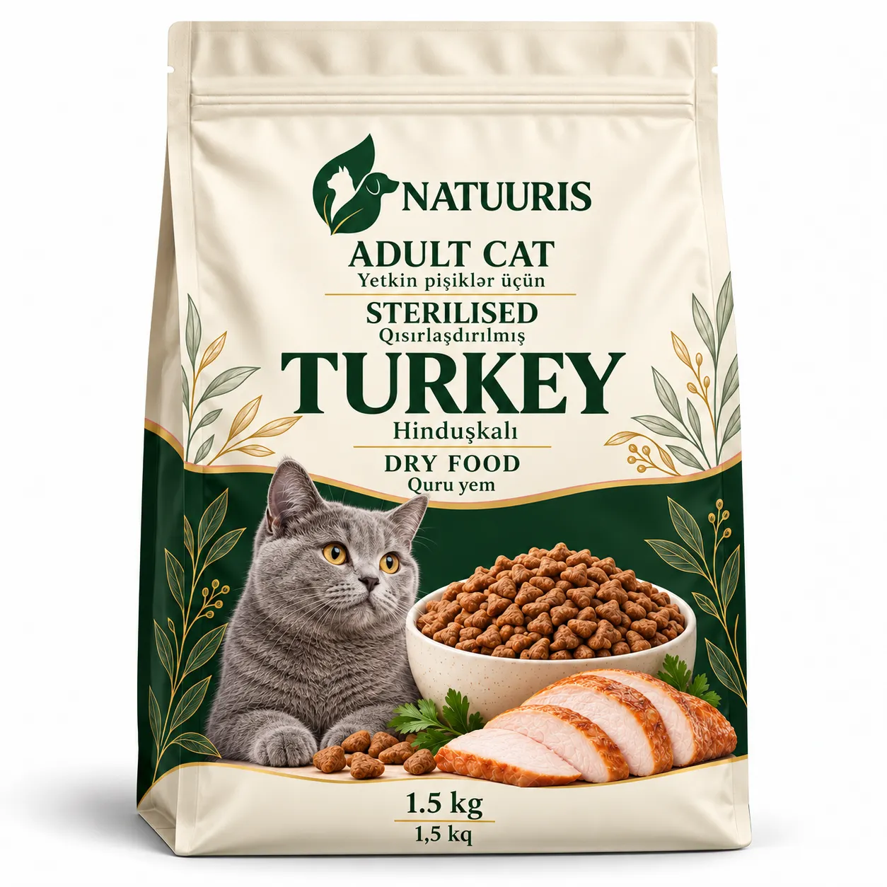NATUURIS Sterilised Cat — hinduşkalı quru yem, 1,5 kq — qablaşdırma