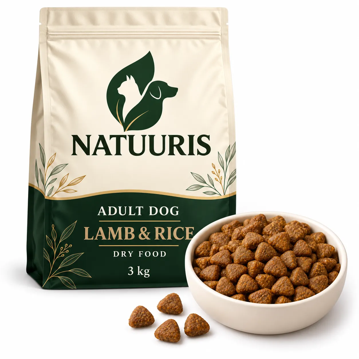 NATUURIS Adult Dog — quzu əti və düyülü quru yem, 3 kq — qida və qablaşdırma birlikdə
