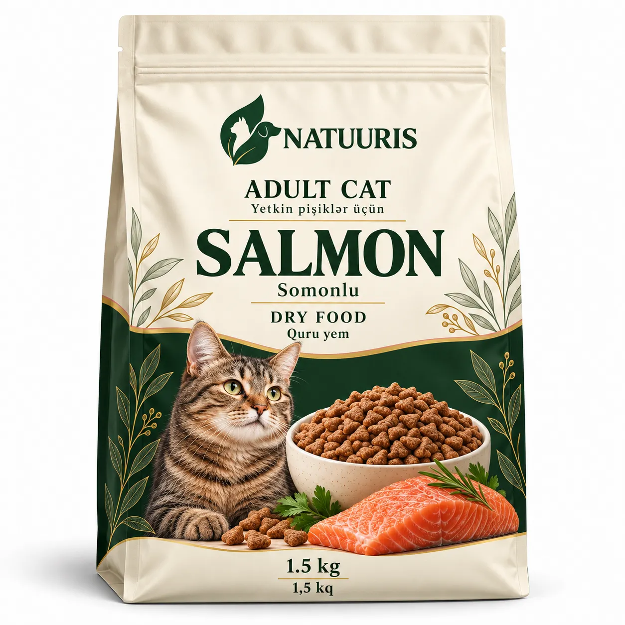 NATUURIS Adult Cat — somonlu quru yem, 1,5 kq — qablaşdırma