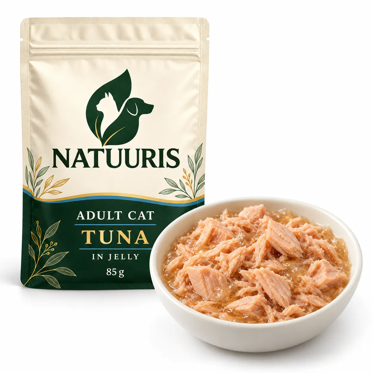 NATUURIS Cat — jeledə tuna balıqlı tikələr, 85 q — qida və qablaşdırma birlikdə