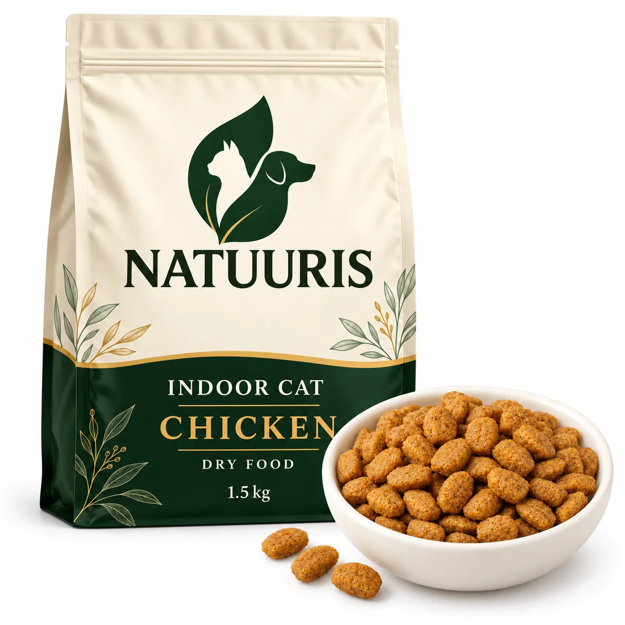 NATUURIS Indoor Cat — toyuqlu quru yem, 1,5 kq — qida və qablaşdırma birlikdə