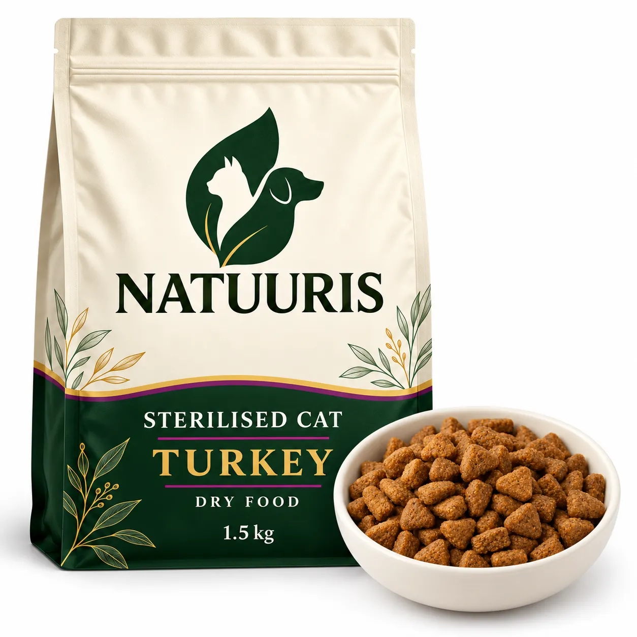 NATUURIS Sterilised Cat — hinduşkalı quru yem, 1,5 kq — qida və qablaşdırma birlikdə