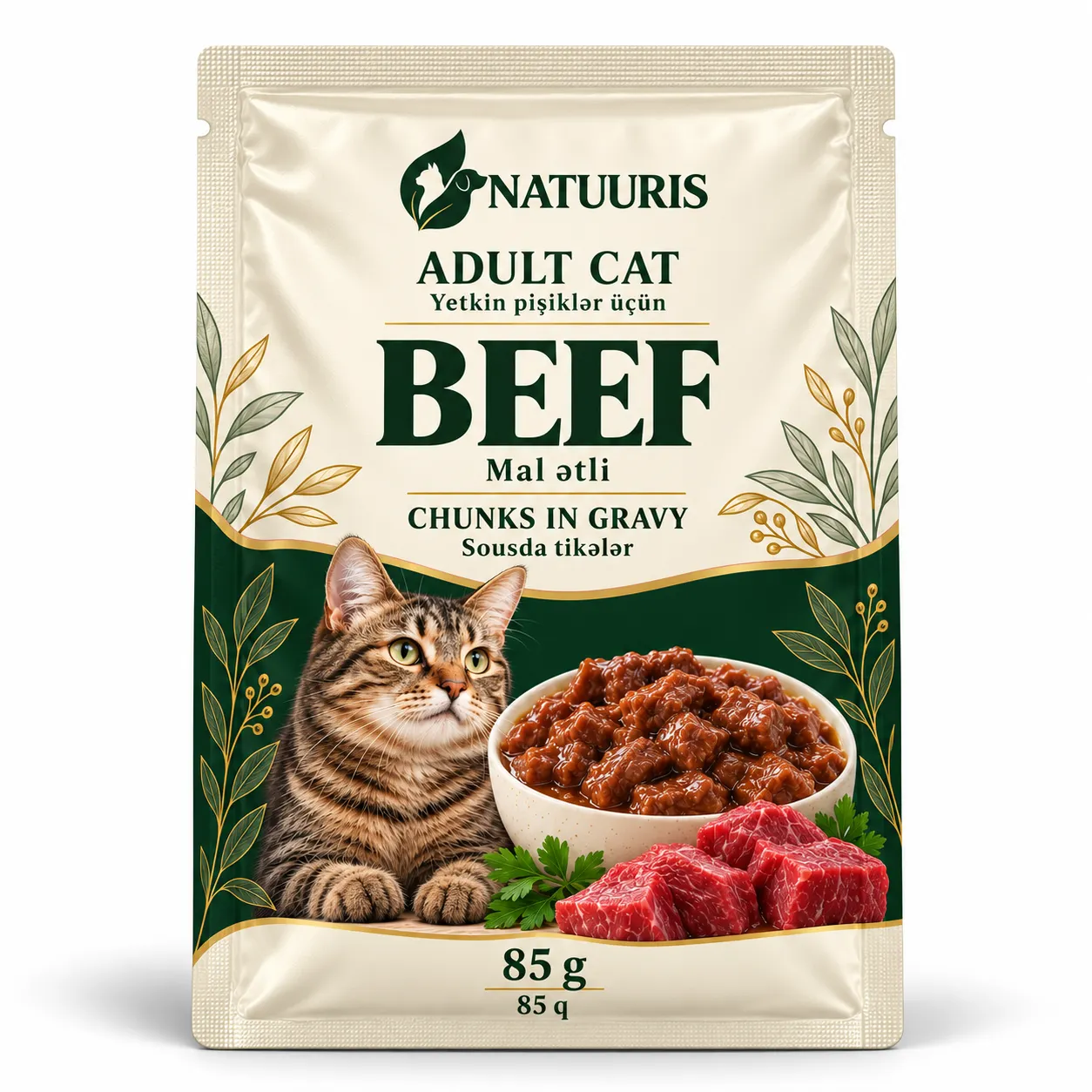 NATUURIS Cat — sousda mal ətli tikələr, 85 q — yeni qablaşdırma