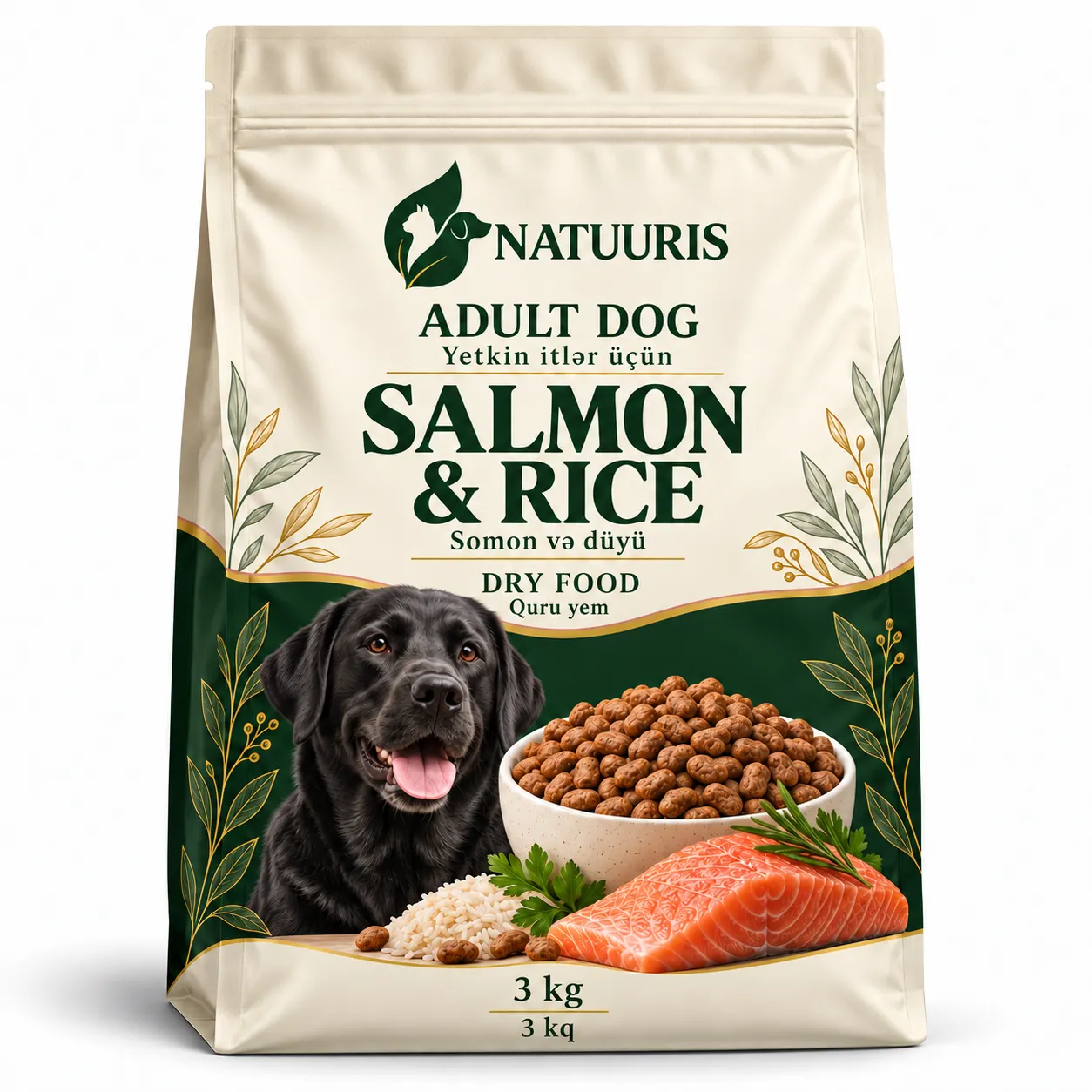 NATUURIS Adult Dog — somon və düyülü quru yem, 3 kq — qablaşdırma