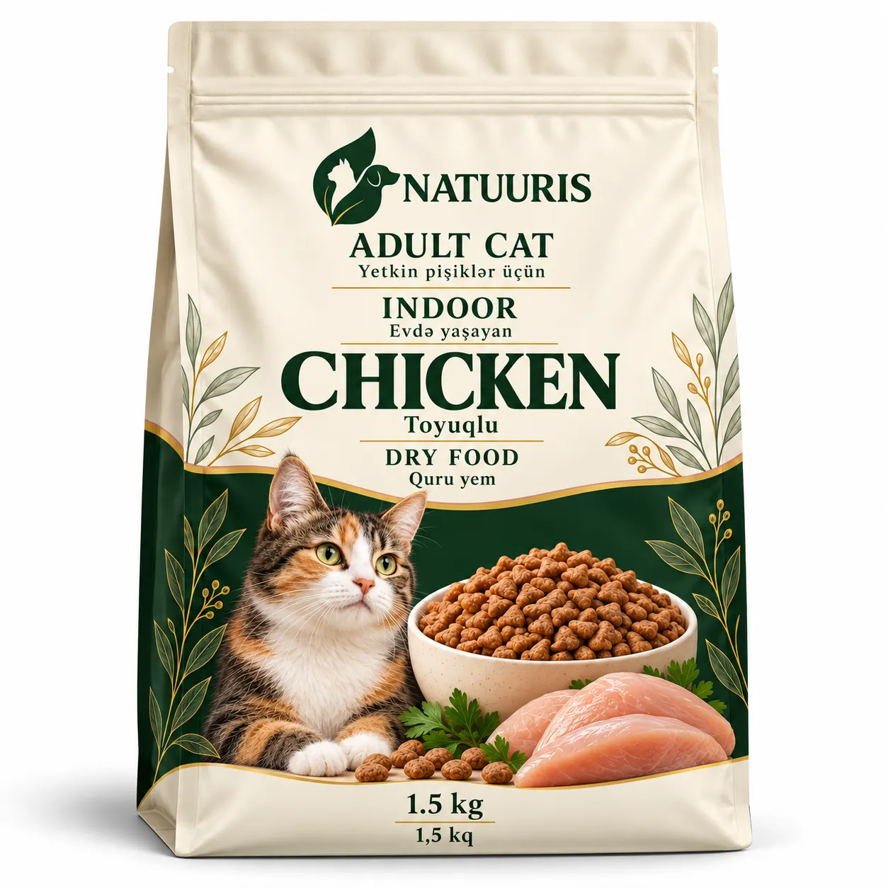 NATUURIS Indoor Cat — toyuqlu quru yem, 1,5 kq — yeni qablaşdırma