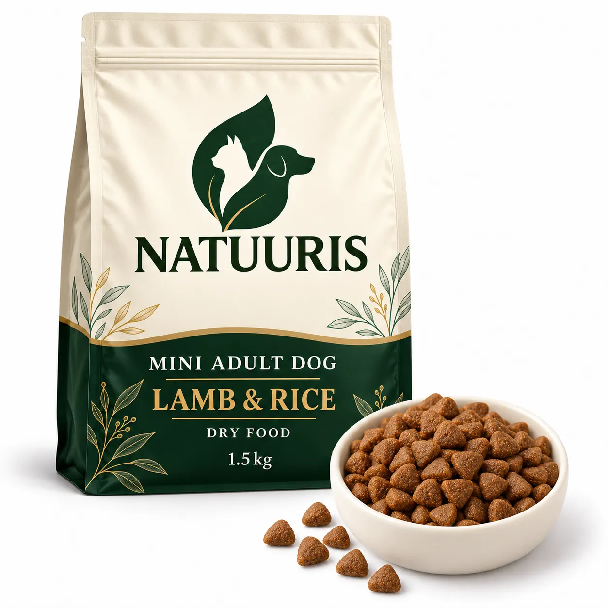 NATUURIS Mini Adult — quzu əti və düyülü quru yem, 1,5 kq — qida və qablaşdırma birlikdə