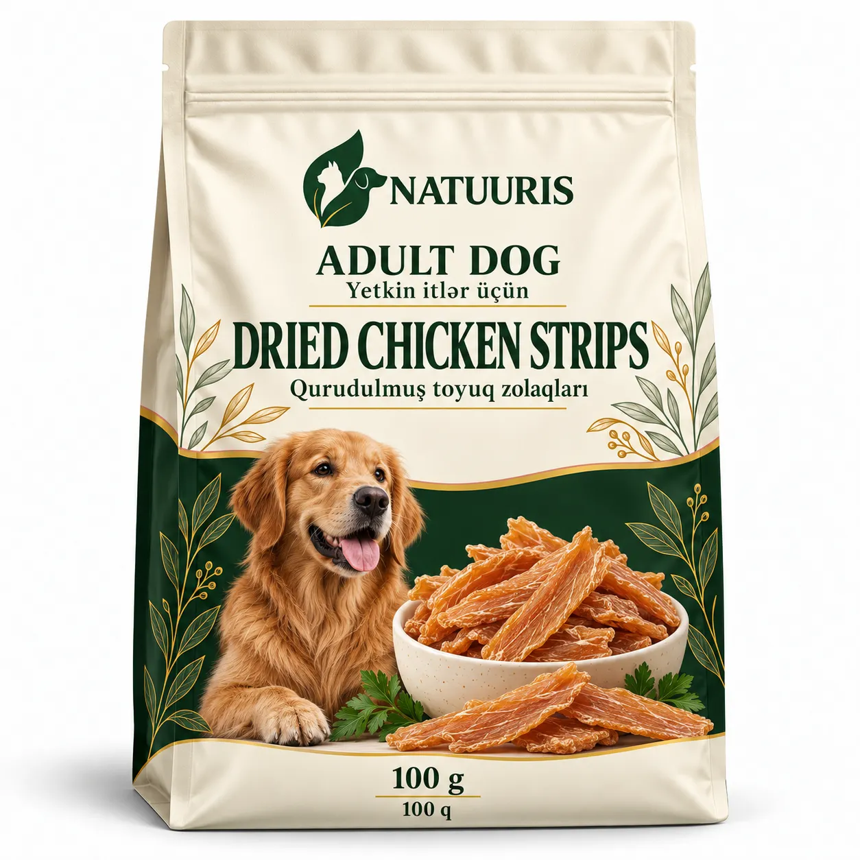 NATUURIS Dog — qurudulmuş toyuq zolaqları, 100 q — qablaşdırma