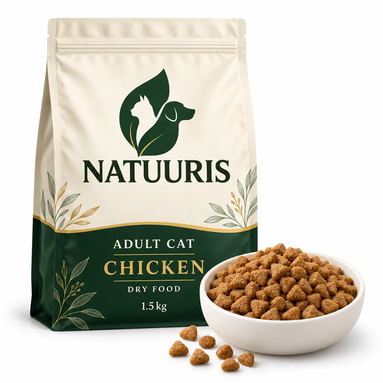 NATUURIS Adult Cat — toyuqlu quru yem, 1,5 kq — qida və qablaşdırma birlikdə