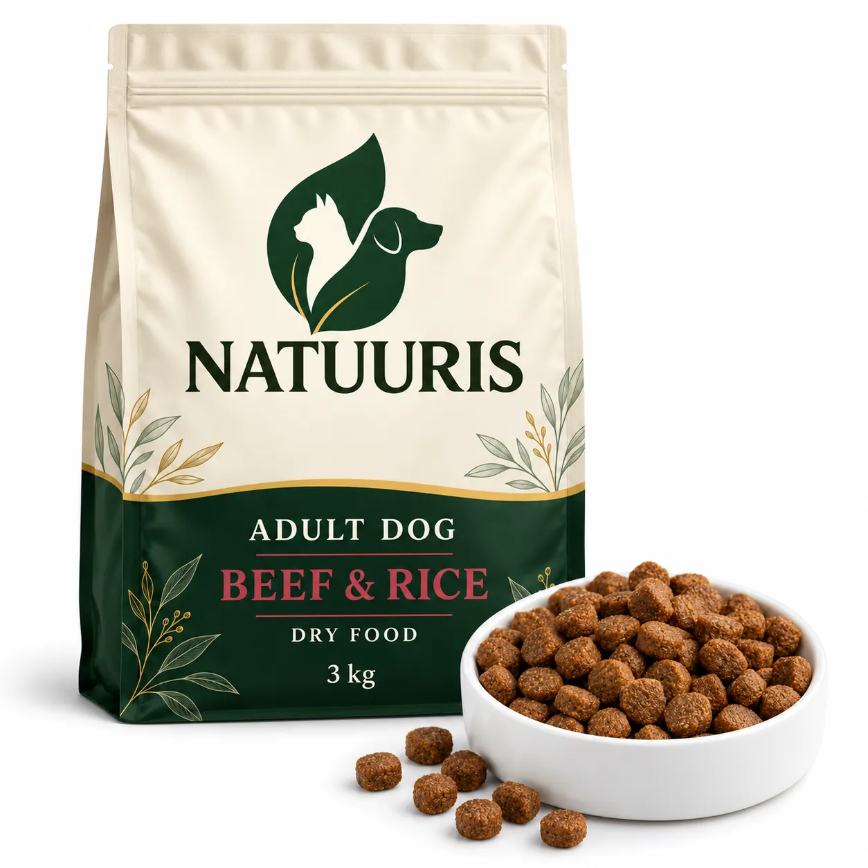 NATUURIS Adult Dog — mal əti və düyülü quru yem, 3 kq — qida və qablaşdırma birlikdə